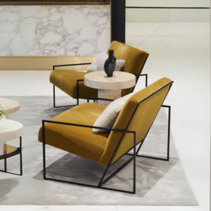 Modern Velvet Lounge Chair with Black Metal Frame.