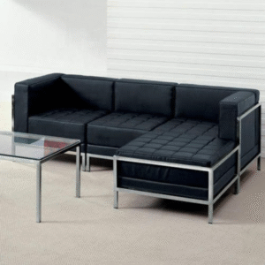 Modern Black Leather Modular Corner Sectional Sofa with Metal Frame.