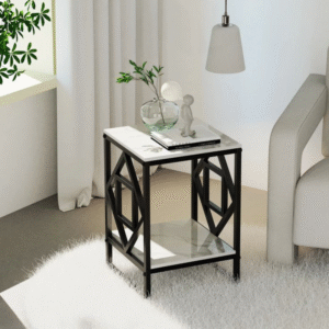 UNHO Modern Geometric Black Metal and Faux Marble Side Table with Shelf.