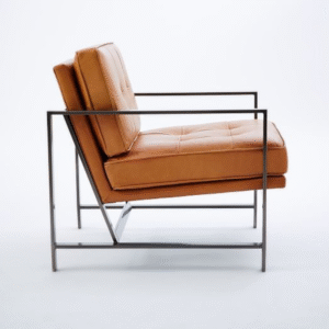 Mid-Century Modern Cognac Leather Armchair with Metal Frame.