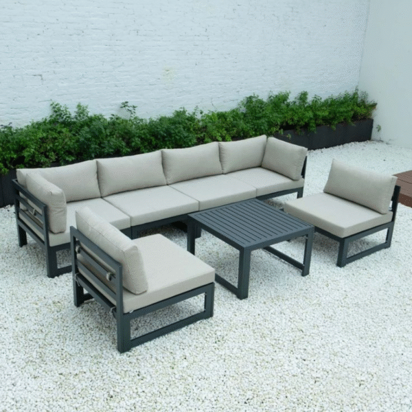 LeisureMod Chelsea 7-Piece Patio Sectional and Coffee Table Set.