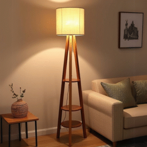 Wooden Tripod Floor Lamp with Shelves