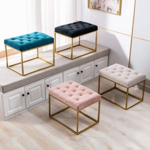 Set of Four Velvet Upholstered Ottoman Benches with Gold Metal Frames.